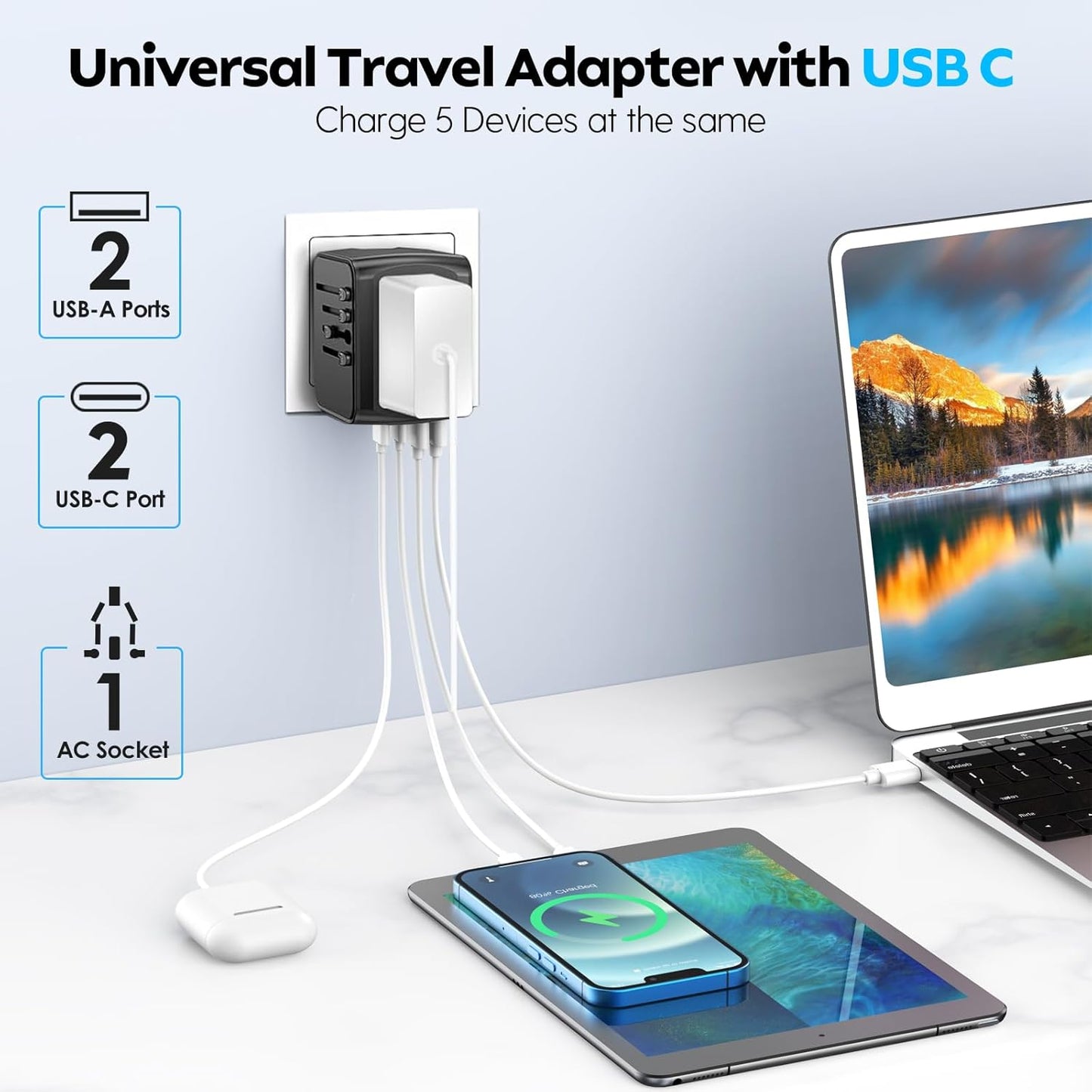 JMFONE Universal Travel Plug Adapter, 5 in 1 European Travel Plug Adapter 2xUSB-A and 2xUSB C Wall Charger with Worldwide AC Outlet,International Power Adapter for Europe USA UK AUS Asia