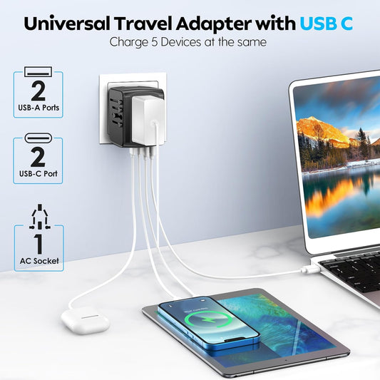 JMFONE Universal Travel Plug Adapter, 5 in 1 European Travel Plug Adapter 2xUSB-A and 2xUSB C Wall Charger with Worldwide AC Outlet,International Power Adapter for Europe USA UK AUS Asia