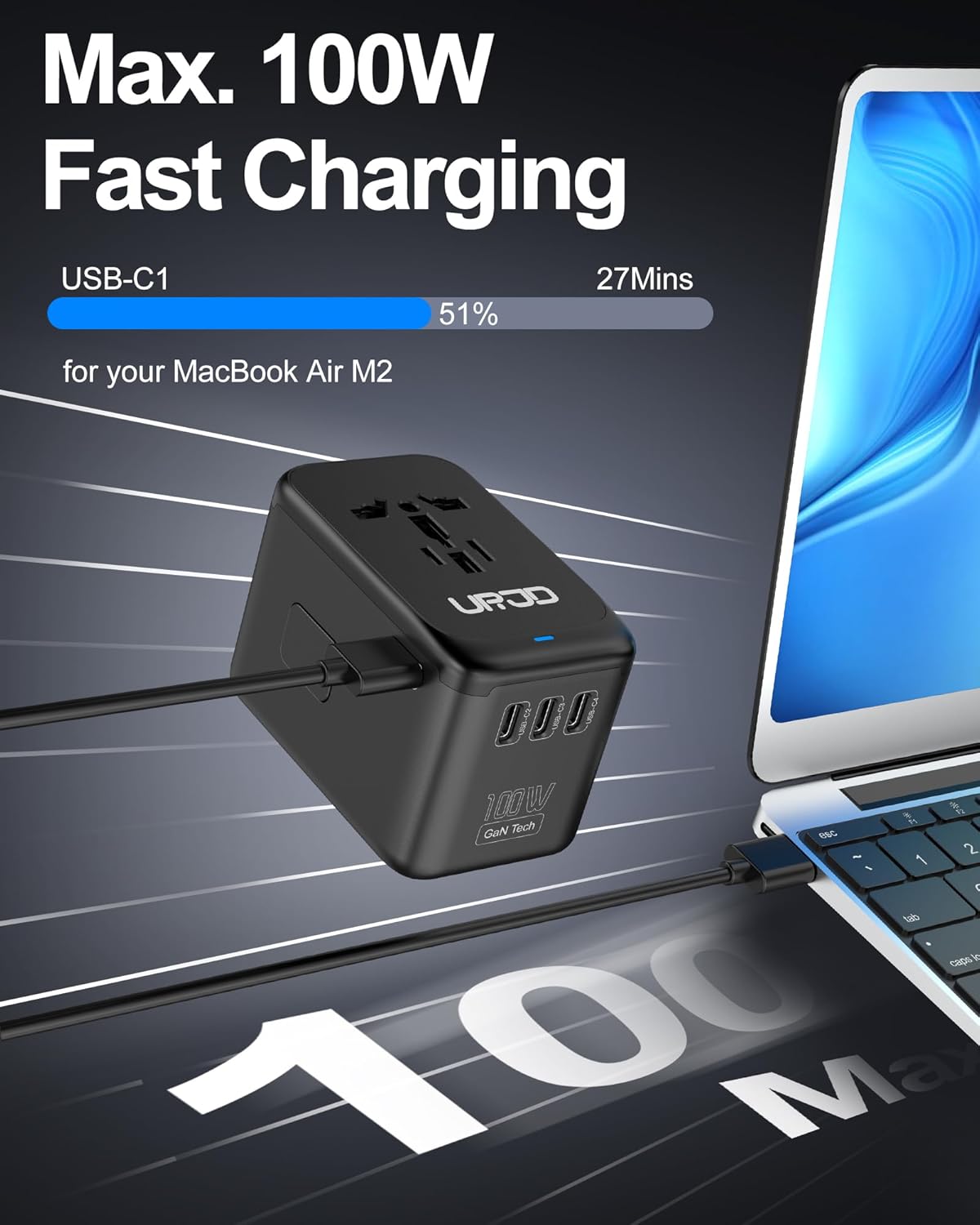 URJD Universal Travel Adapter GaN 100W, 4 USB C & 1 USB A Ports & AC Outlet, GaN Fast Charging, International Power Adapter Plug Converter with EU UK US AUS Plugs for 200+ Countries