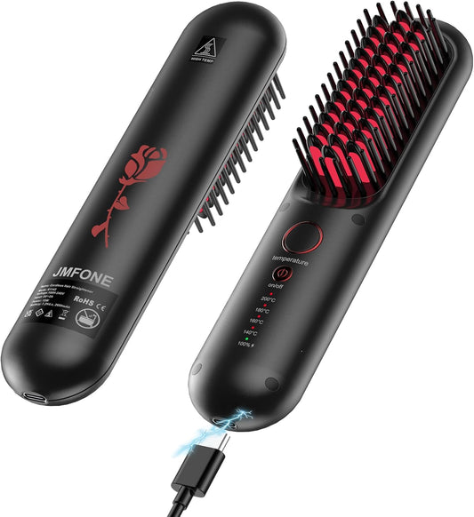 JMFONE Cordless Mini Hair Straightener Brush - USB Rechargeable Portable Straighening Hot Comb for Quick Heat & Travel Size - Flat Iron Straightening Comb for Home/Travel/Outdoor Use