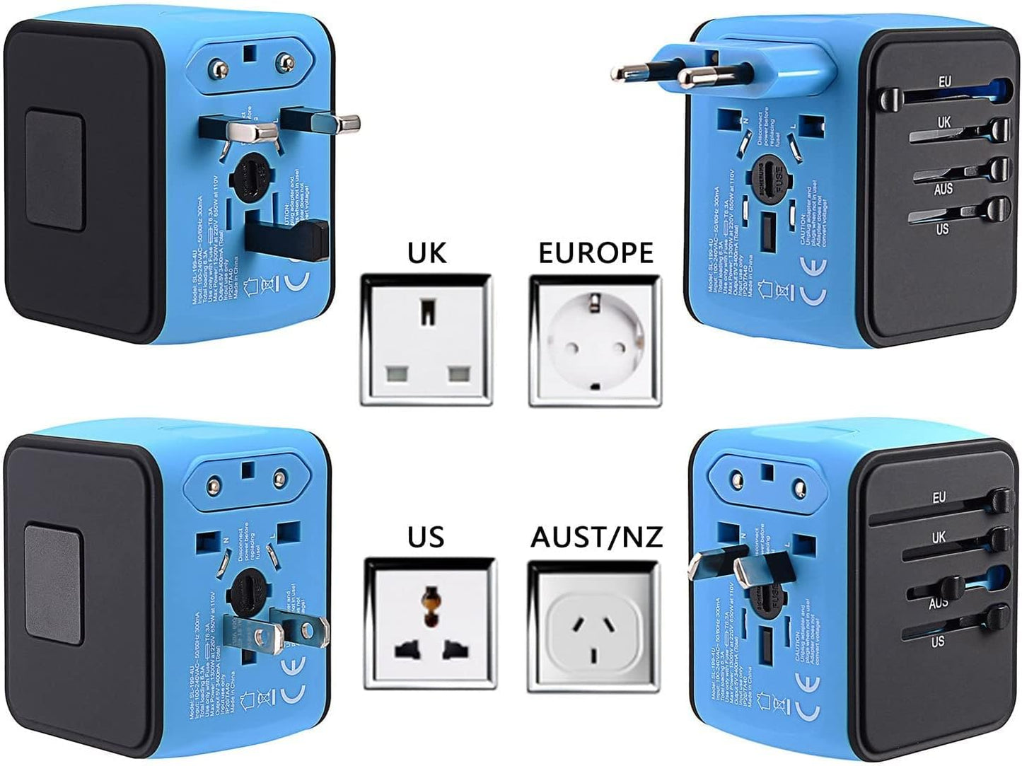 JMFONE International Travel Adapter Universal Power Adapter Worldwide All in One 4 USB-A Ports Perfect for European US, EU, UK, AU 200+ Countries (Blue)