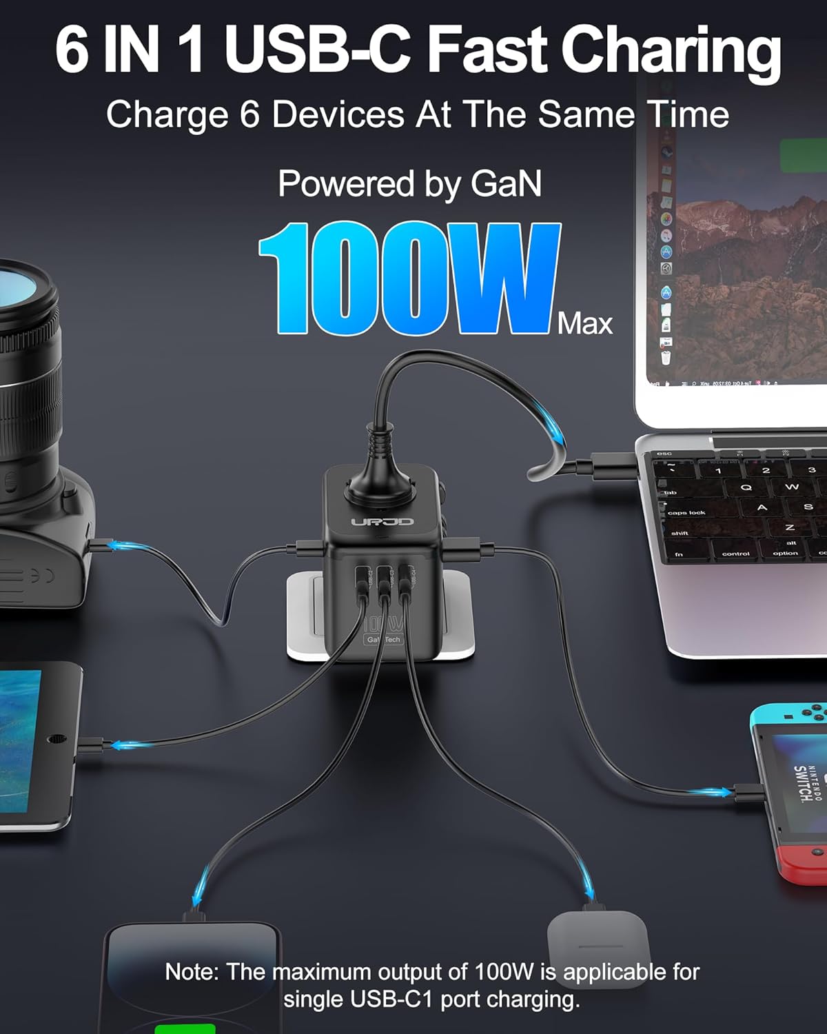 URJD Universal Travel Adapter GaN 100W, 4 USB C & 1 USB A Ports & AC Outlet, GaN Fast Charging, International Power Adapter Plug Converter with EU UK US AUS Plugs for 200+ Countries