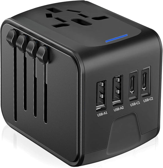 JMFONE Universal Travel Plug Adapter, 5 in 1 European Travel Plug Adapter 2xUSB-A and 2xUSB C Wall Charger with Worldwide AC Outlet,International Power Adapter for Europe USA UK AUS Asia