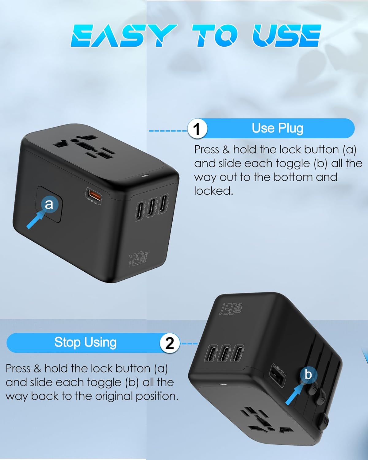 URJD Universal Travel Adapter, 120W GaN International Power Plug Adapter, 5 USB Ports 1 AC Outlet, Worldwide Travel Charger for 200+Countries