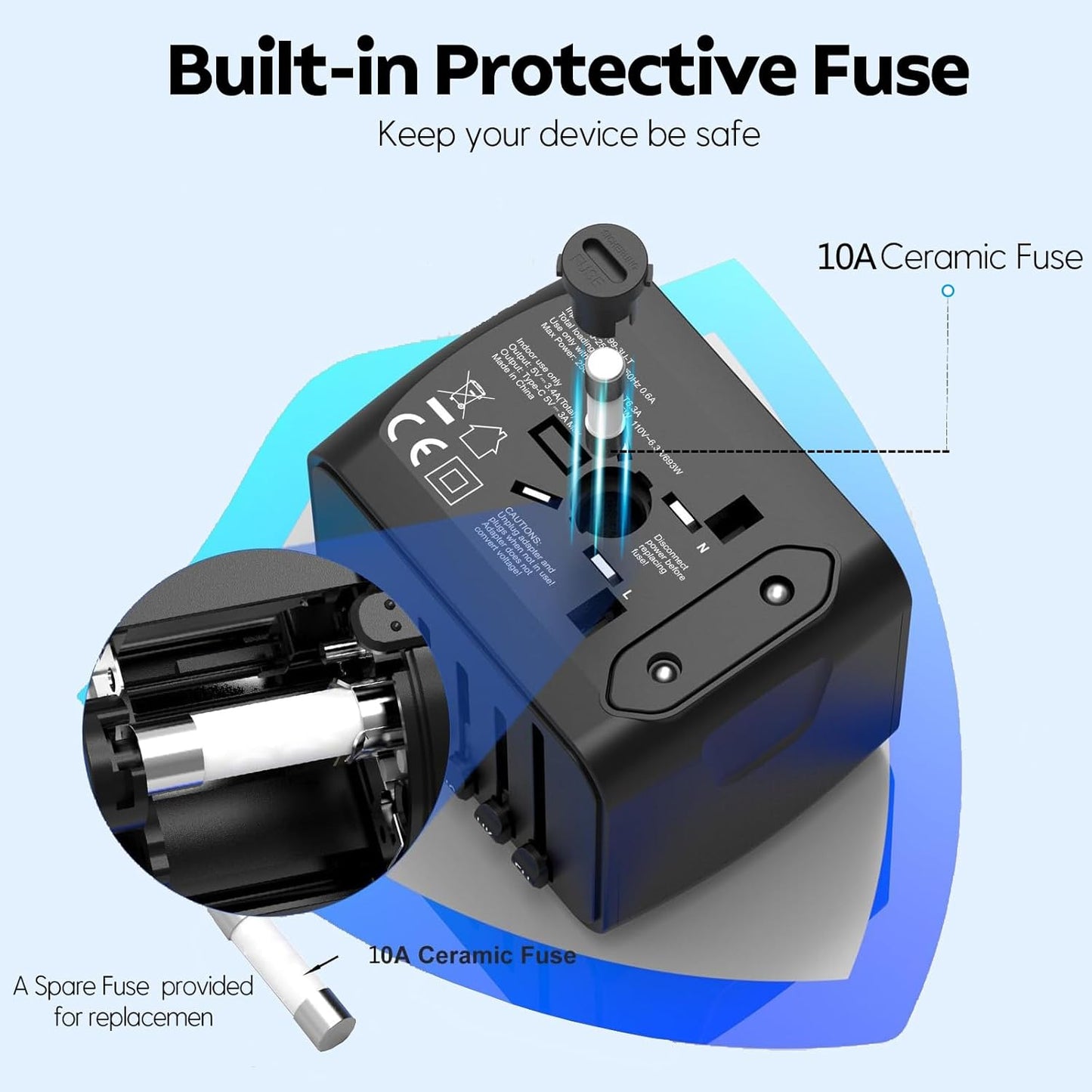 JMFONE Universal Travel Plug Adapter, 5 in 1 European Travel Plug Adapter 2xUSB-A and 2xUSB C Wall Charger with Worldwide AC Outlet,International Power Adapter for Europe USA UK AUS Asia