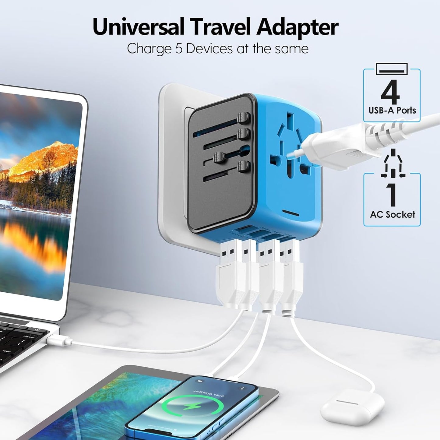JMFONE International Travel Adapter Universal Power Adapter Worldwide All in One 4 USB-A Ports Perfect for European US, EU, UK, AU 200+ Countries (Blue)