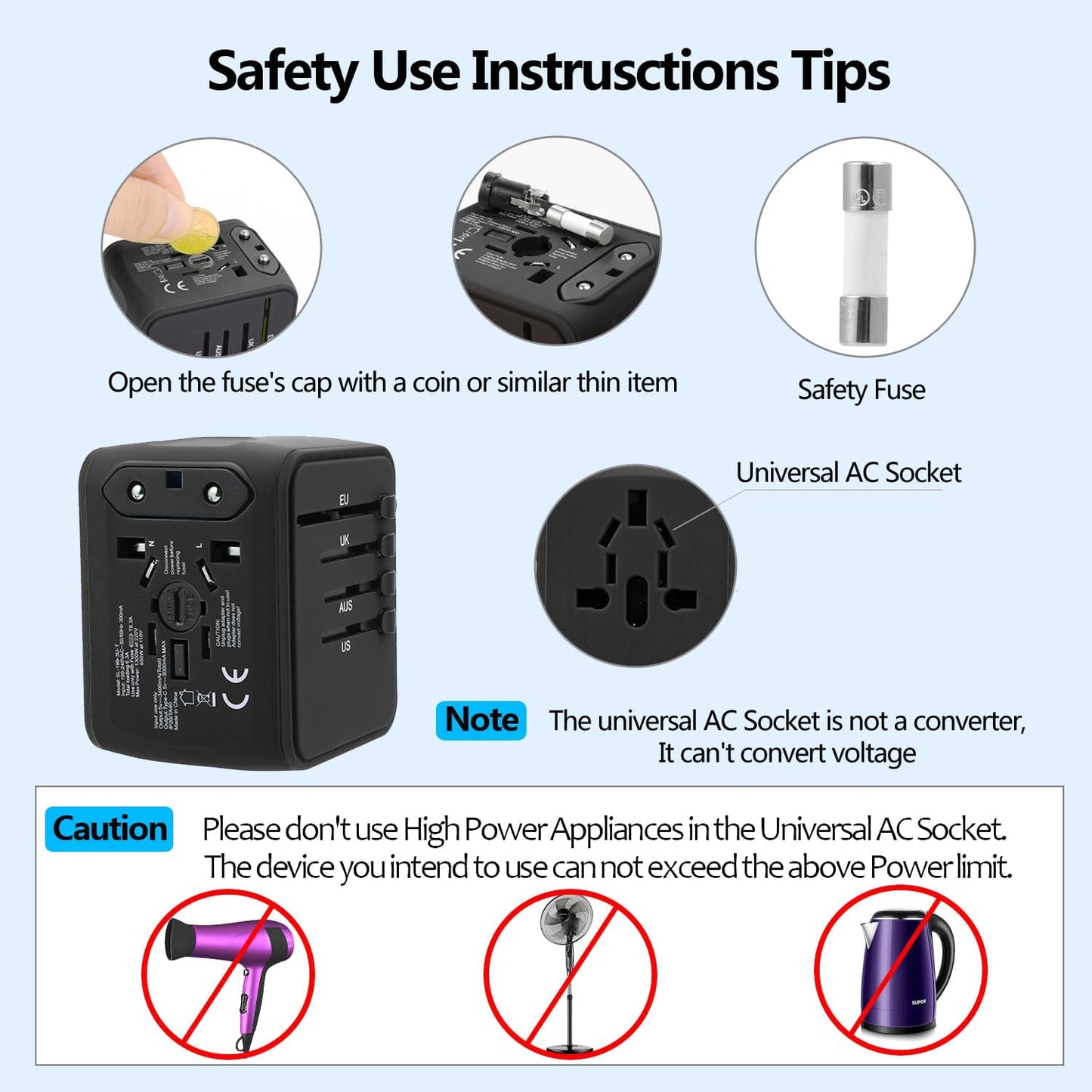 JMFONE Universal Travel Plug Adapter, 5 in 1 European Travel Plug Adapter 2xUSB-A and 2xUSB C Wall Charger with Worldwide AC Outlet,International Power Adapter for Europe USA UK AUS Asia