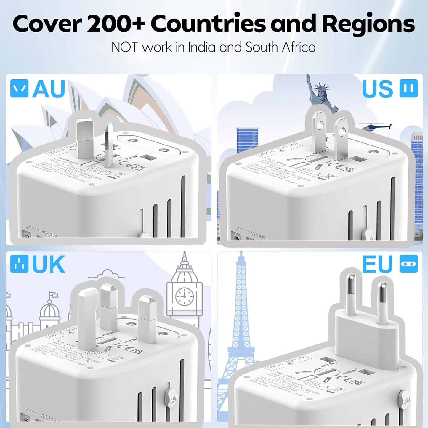 JMFONE International Power Plug Adapter, Universal Travel Adapter with 2 USB-C & 2 USB-A Ports and Multi AC Sockets, All-in-One Worldwide Travel Outlet Charger Adapter for EU US UK AU 200+ Countries