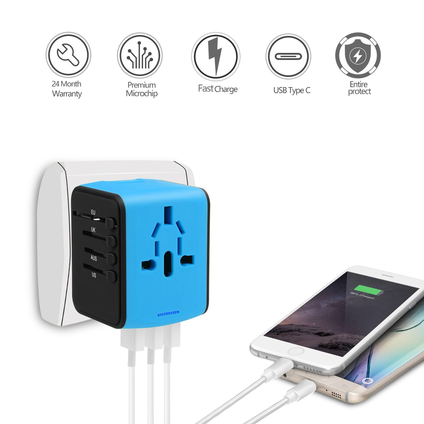 JMFONE Universal International Travel Power Adapter W/High Speed 2.4A USB, 3.0A Type-C Wall Charger, European Adapter, Worldwide AC Outlet Plugs Adapters for Europe, UK, US, AU, Asia