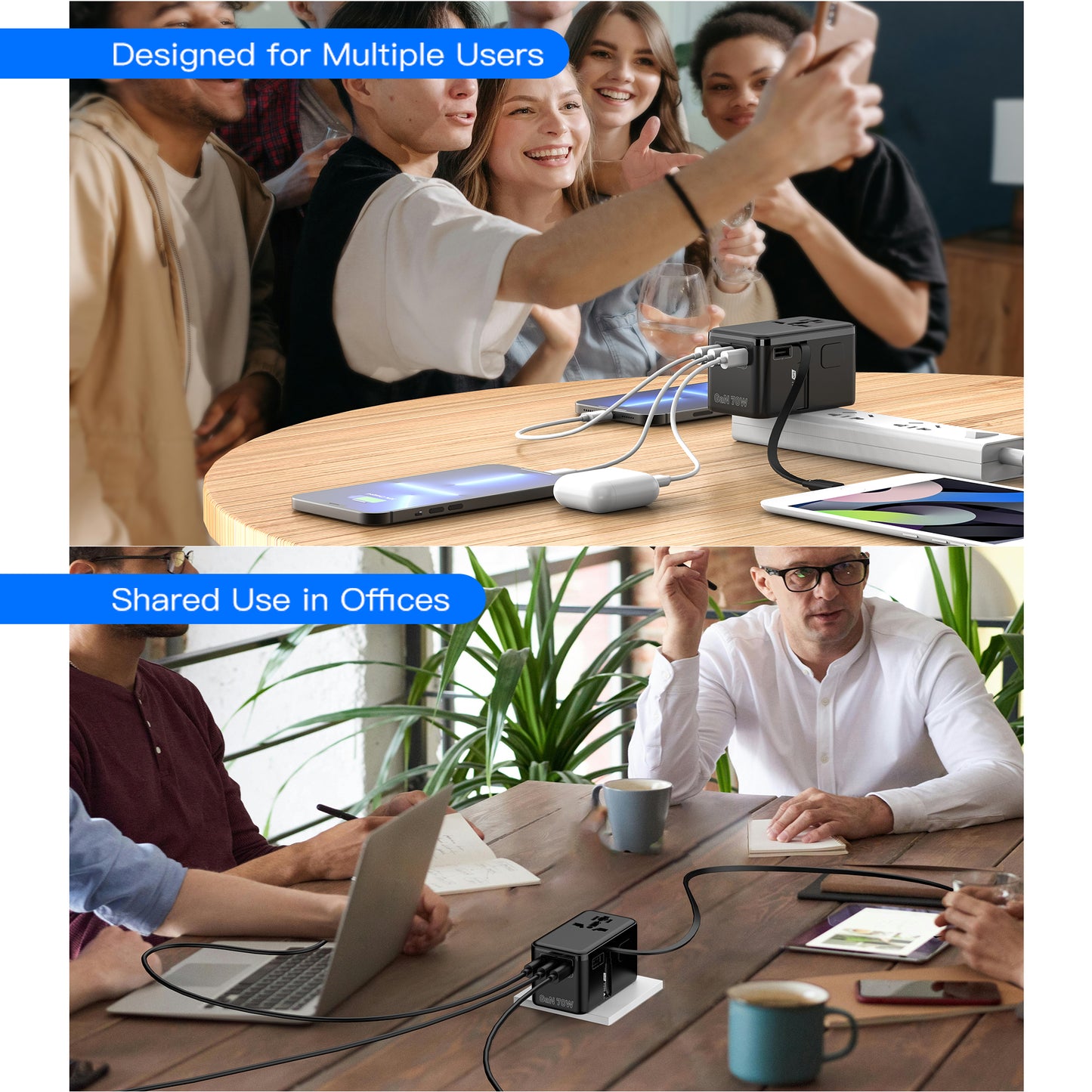 70W GaN Universal Travel Adapter, Retractable USB-C Cable + 4 USB-Port + 2500W AC Outlet, International Power Adapter with US EU UK AUS Plugs for 200+ Countries, Fast Charging Laptops Phones