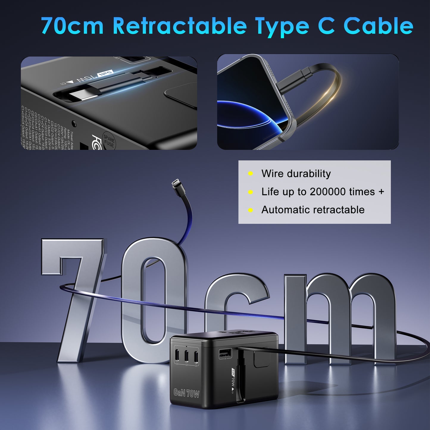 70W GaN Universal Travel Adapter, Retractable USB-C Cable + 4 USB-Port + 2500W AC Outlet, International Power Adapter with US EU UK AUS Plugs for 200+ Countries, Fast Charging Laptops Phones