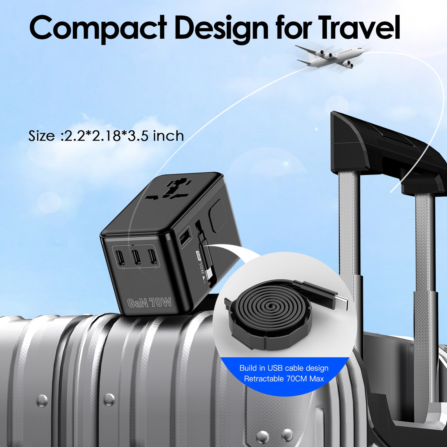 70W GaN Universal Travel Adapter, Retractable USB-C Cable + 4 USB-Port + 2500W AC Outlet, International Power Adapter with US EU UK AUS Plugs for 200+ Countries, Fast Charging Laptops Phones