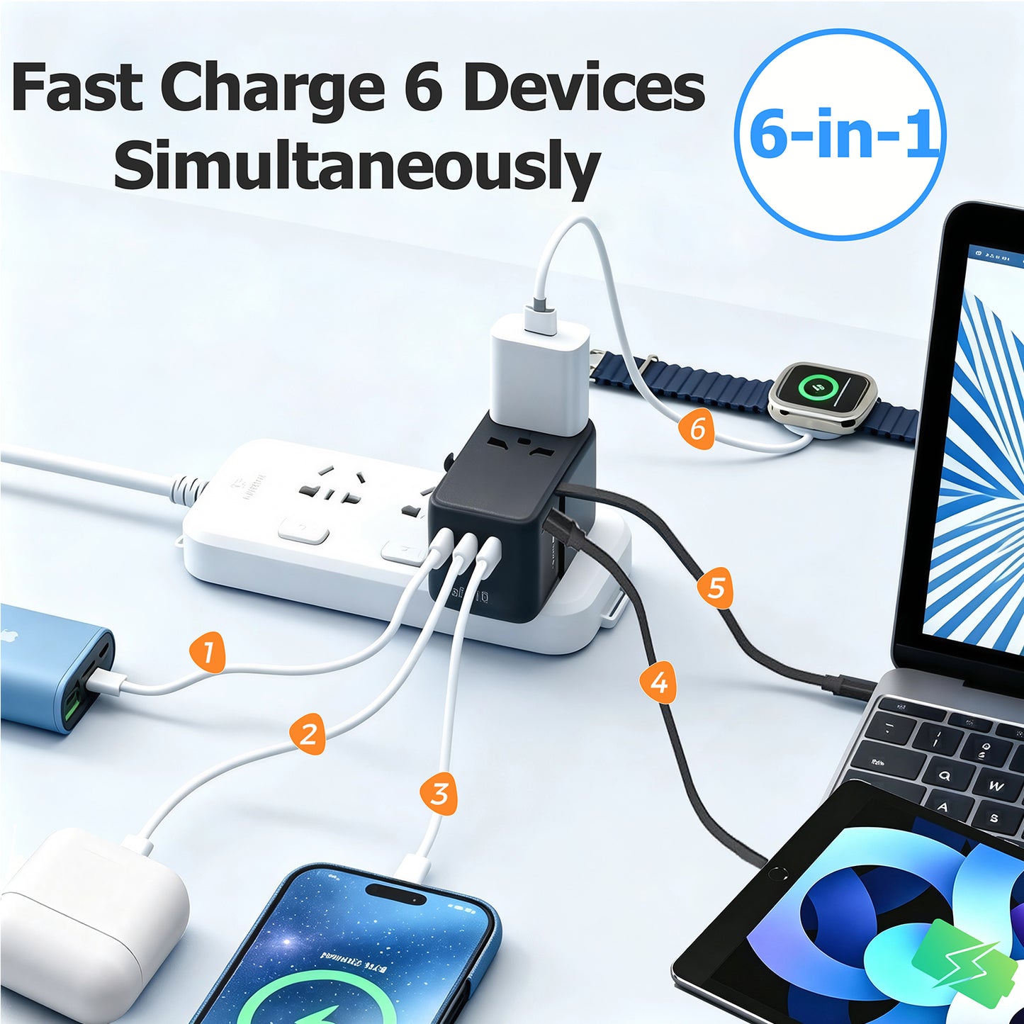 70W GaN Universal Travel Adapter, Retractable USB-C Cable + 4 USB-Port + 2500W AC Outlet, International Power Adapter with US EU UK AUS Plugs for 200+ Countries, Fast Charging Laptops Phones