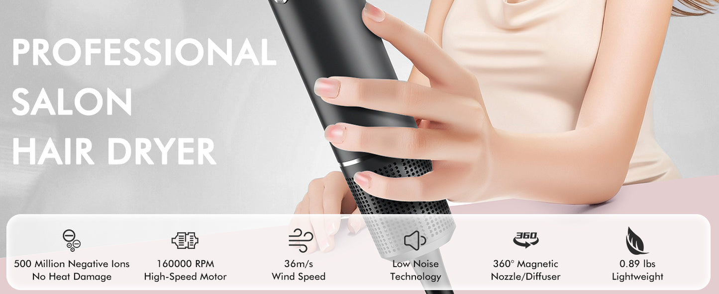 Hair Dryer Ionic Blow Dryer Hairdryer, 160000 RPM, Professional, High Speed, 500 Million Negative Ions, Heat-Control, Low Noise, Magnetic Diffuser, Faster Drying, All Hair Types, No Heat Damage