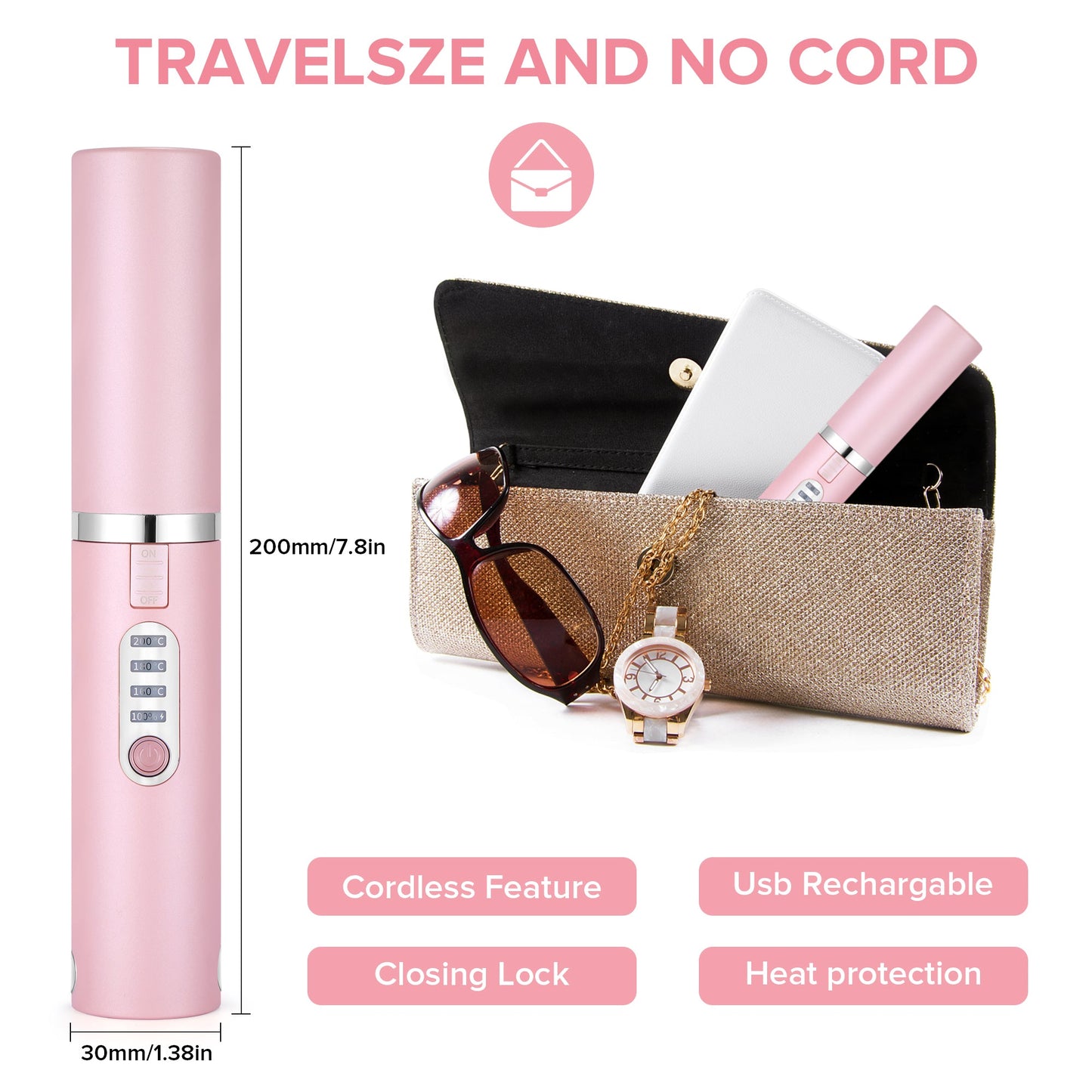 JMFONE Portable Hair Straightener Cordless, Mini Wireless Strgightner for Hair,USB-C Rechargeable Ceramic Mini Flat Iron with 4800mA Battery, Adjustable Temperature, Travel Size (Pink) UK