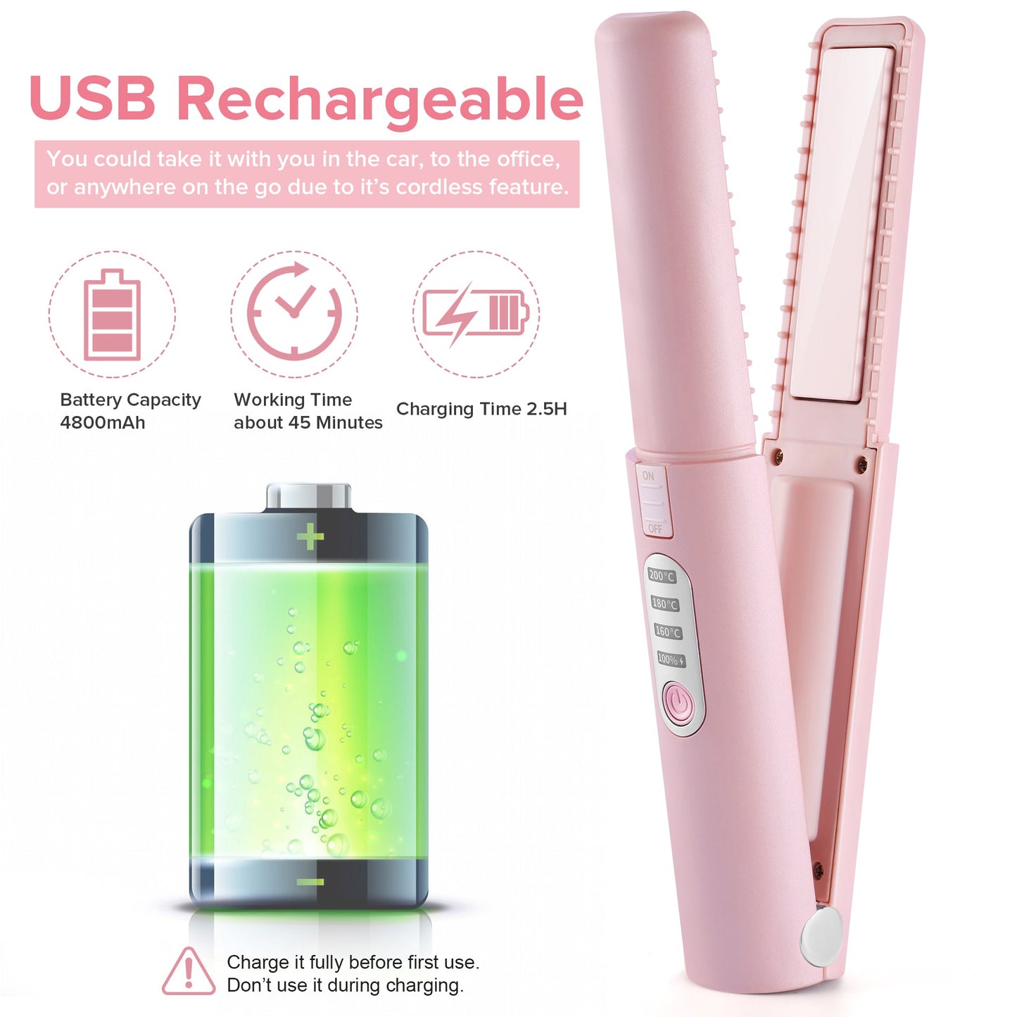 JMFONE Portable Hair Straightener Cordless, Mini Wireless Strgightner for Hair,USB-C Rechargeable Ceramic Mini Flat Iron with 4800mA Battery, Adjustable Temperature, Travel Size (Pink) UK