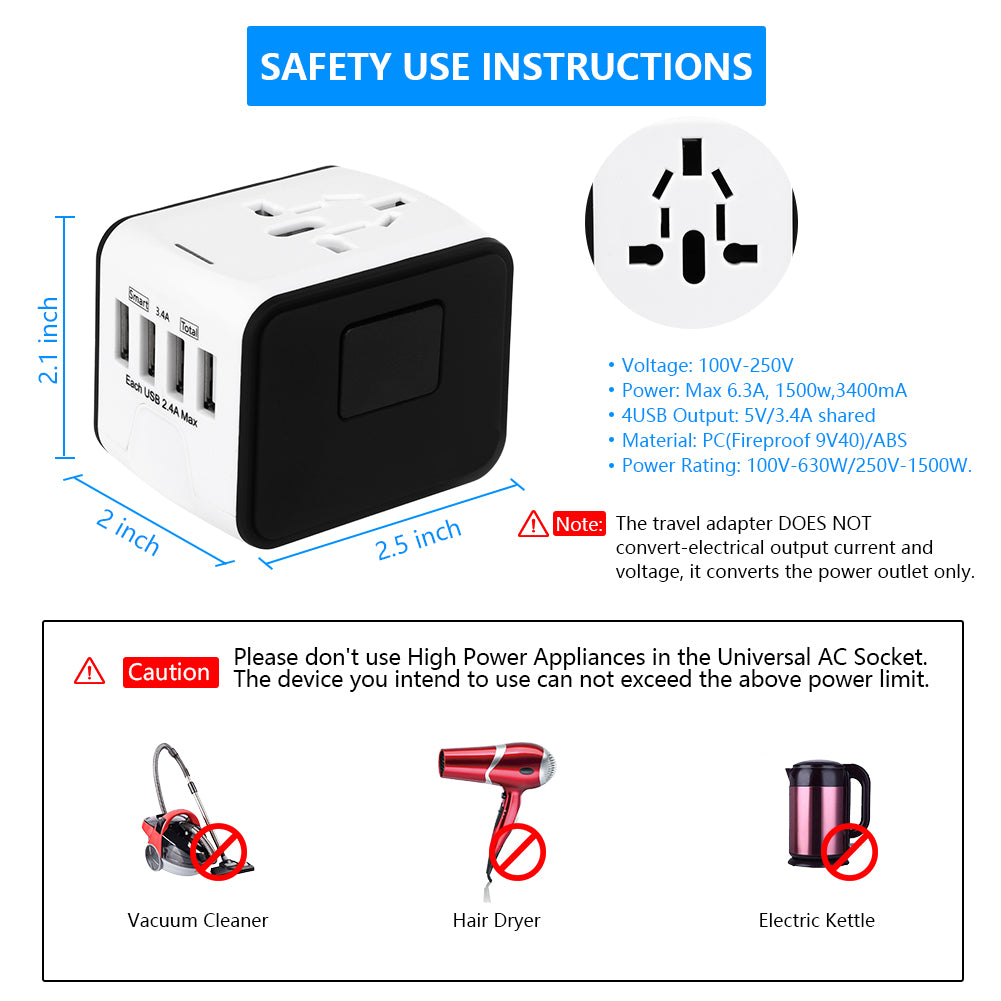 International Travel Adapter Universal Power Adapter Worldwide All in One 4 USB with Electrical Plug Perfect for European US, EU, UK, AU 160 Countries (White)