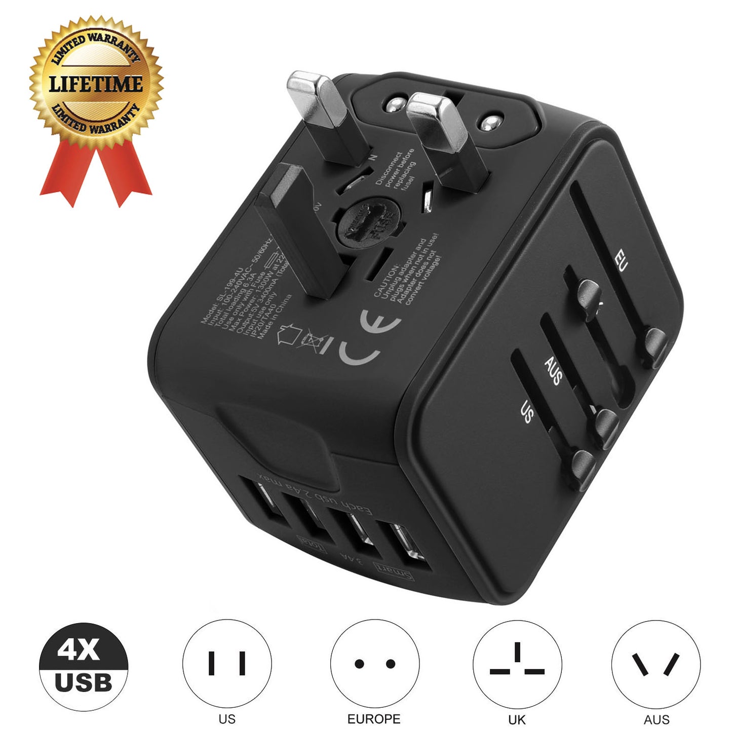 International Travel Adapter Universal Power Adapter Worldwide All in One 4 USB with Electrical Plug Perfect for European US, EU, UK, AU 160 Countries (Black)