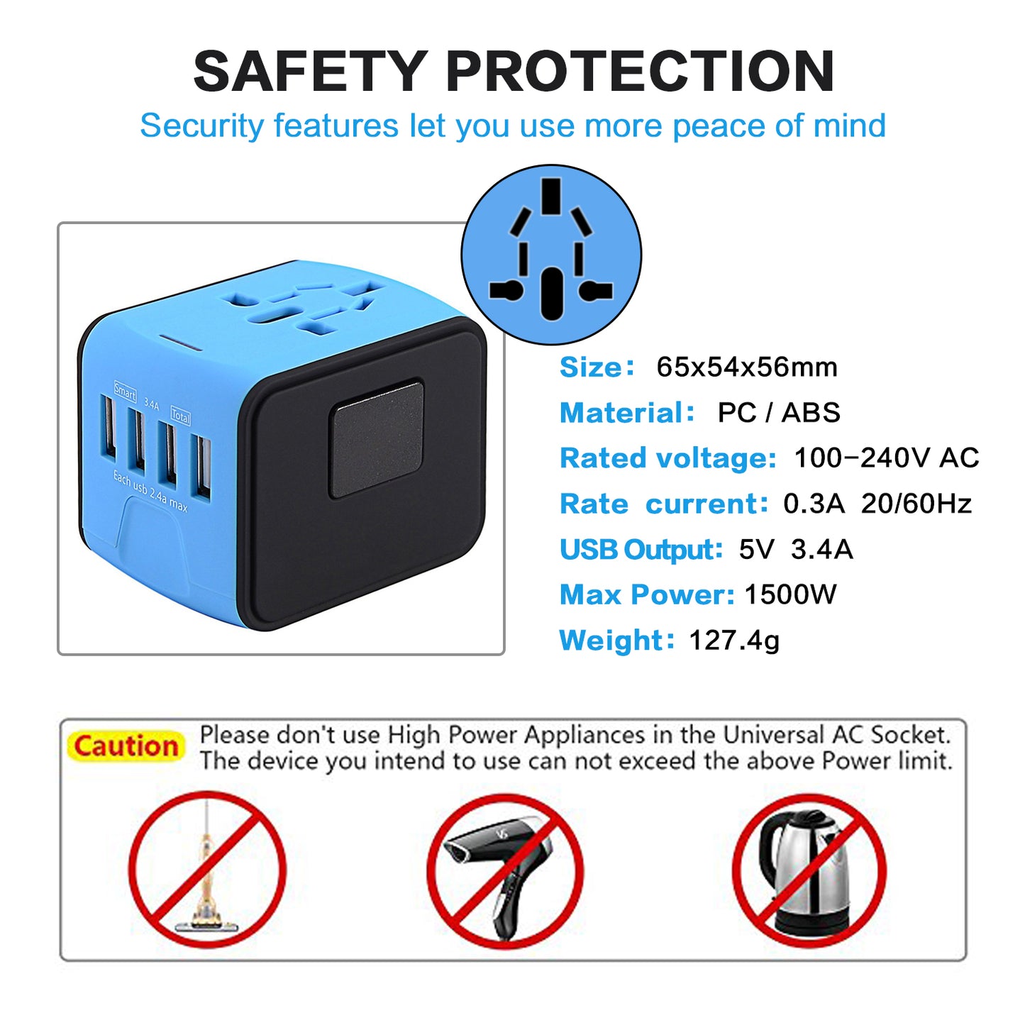 JMFONE International Travel Adapter Universal Power Adapter Worldwide All in One 4 USB Perfect for European US, EU, UK, AU 160 Countries (Blue)