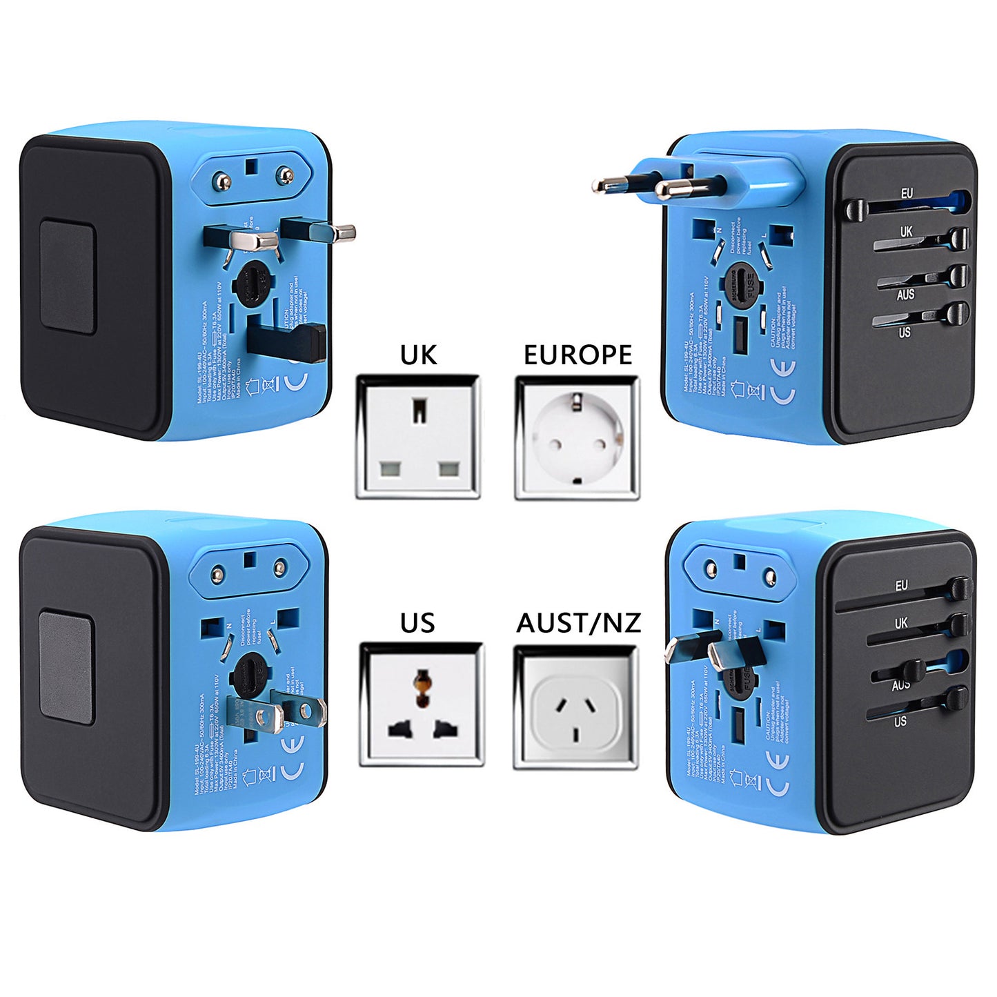 JMFONE International Travel Adapter Universal Power Adapter Worldwide All in One 4 USB Perfect for European US, EU, UK, AU 160 Countries (Blue)