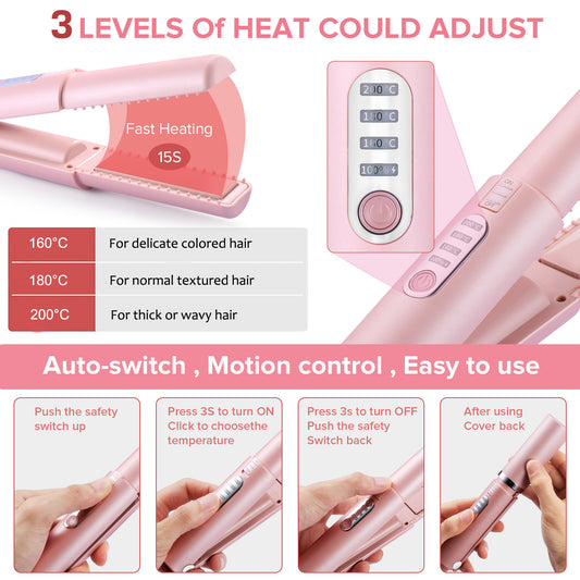 Hair Straightener (2022 New),Cordless Flat Iron,Wireless Strgightner for Hair,USB-C Rechargeable Ceramic Mini Flat Iron with 4800mA Battery, Adjustable Temperature, Travel Size (Pink)